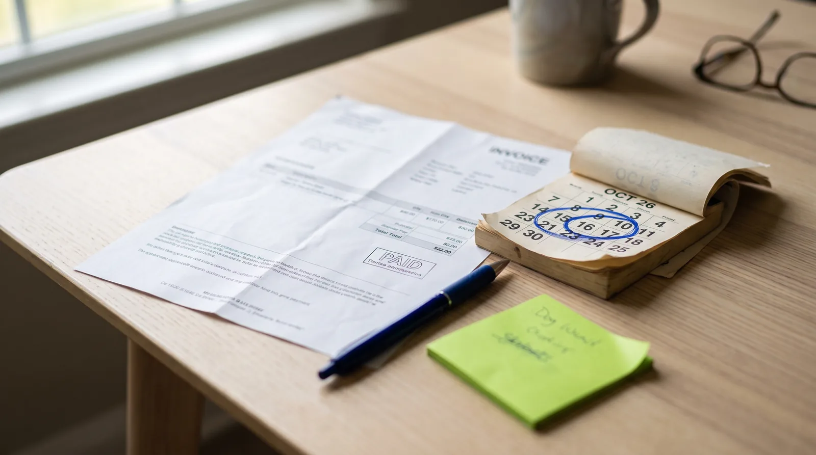 Factuur naast een kalender met de betaaldatum omcirkeld