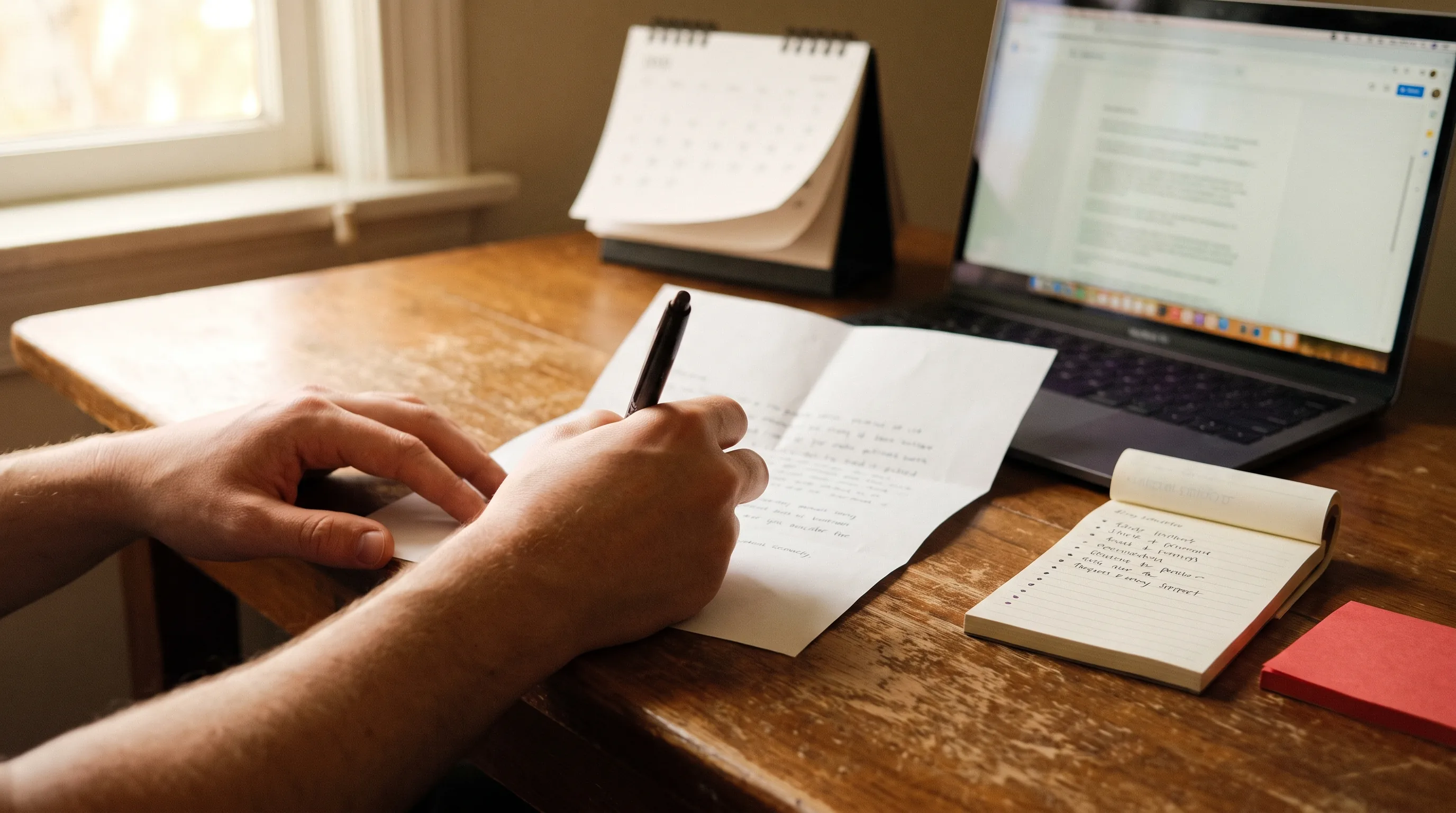Hand schrijft een formele brief met een pen naast een laptop, notitieblok en kalender