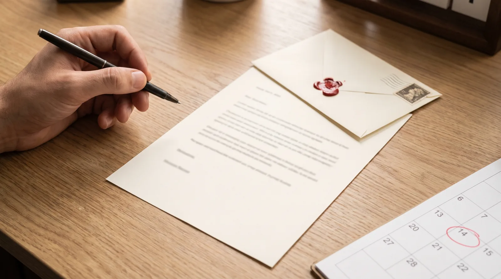 Hand ondertekent een formele brief naast een envelop met postzegel en een kalender met een omcirkelde datum