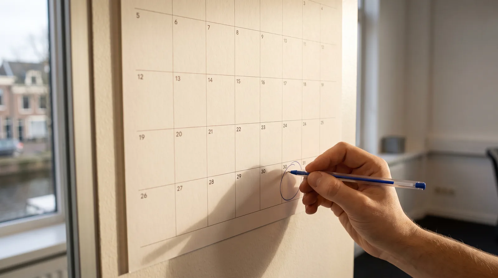 De laatste dag van de maand omcirkeld op een kalender: de opzegtermijn loopt tot het einde van de maand