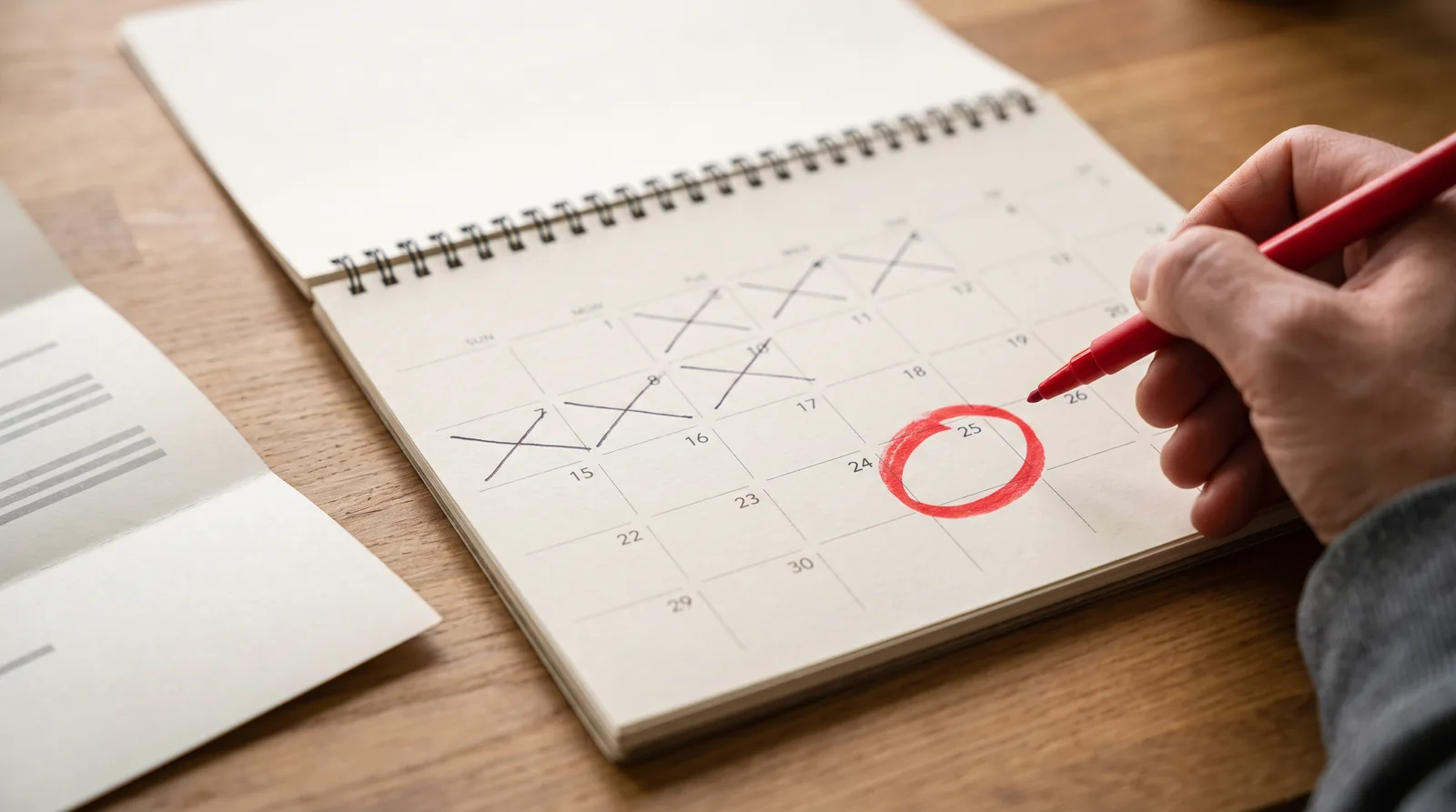 Kalender met de vervaltermijn na ontslag rood omcirkeld en de dagen ervoor afgeteld
