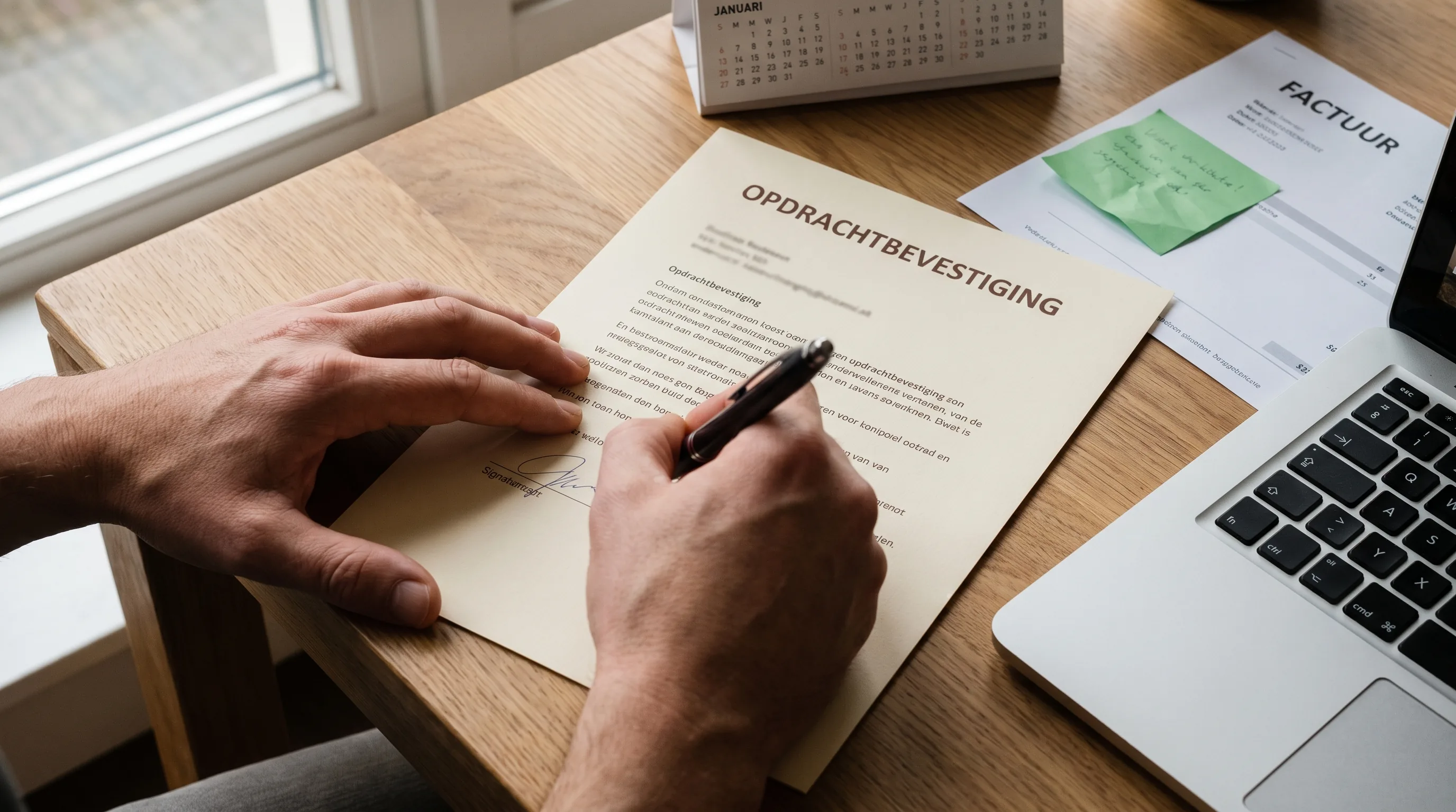 Hand ondertekent een opdrachtbevestiging naast een laptop en een factuur met een groene notitie