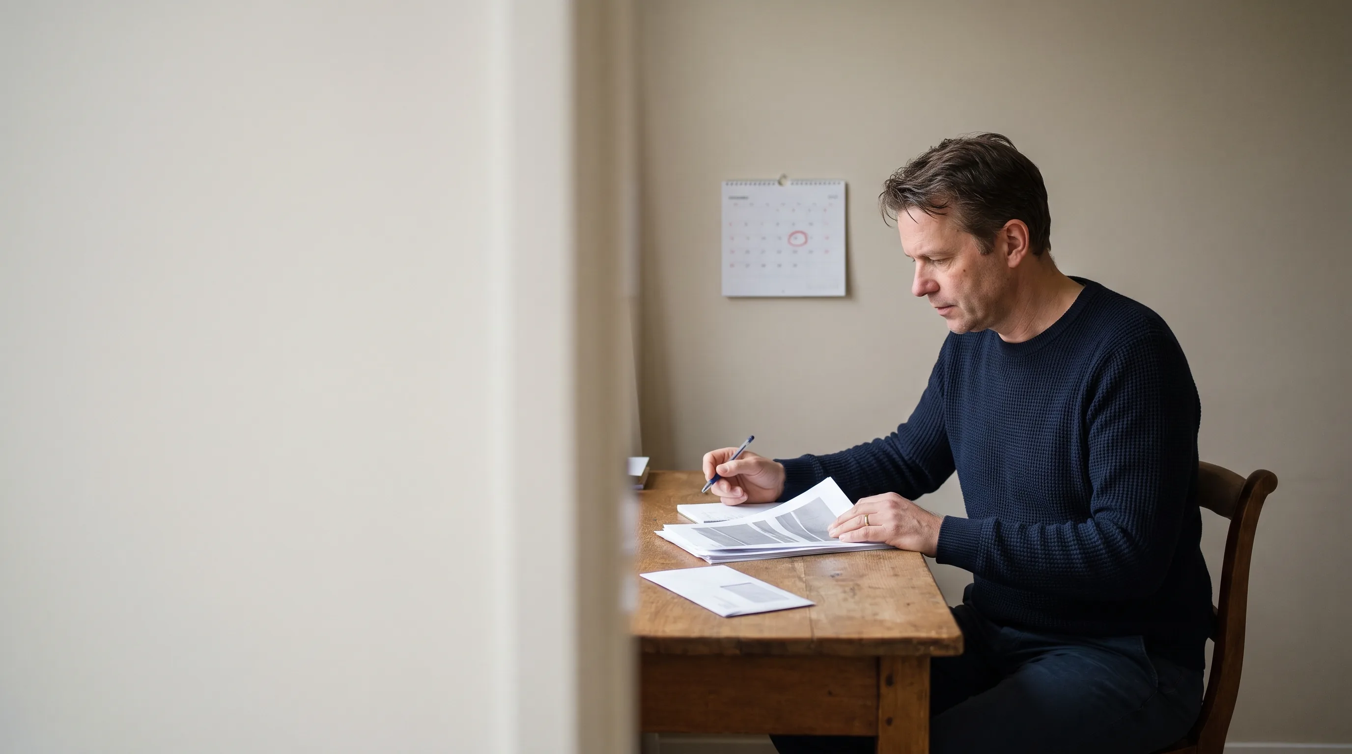 Ingebrekestelling checklist - iemand controleert een geprinte formele brief aan een bureau, met een envelop en een kalender ernaast