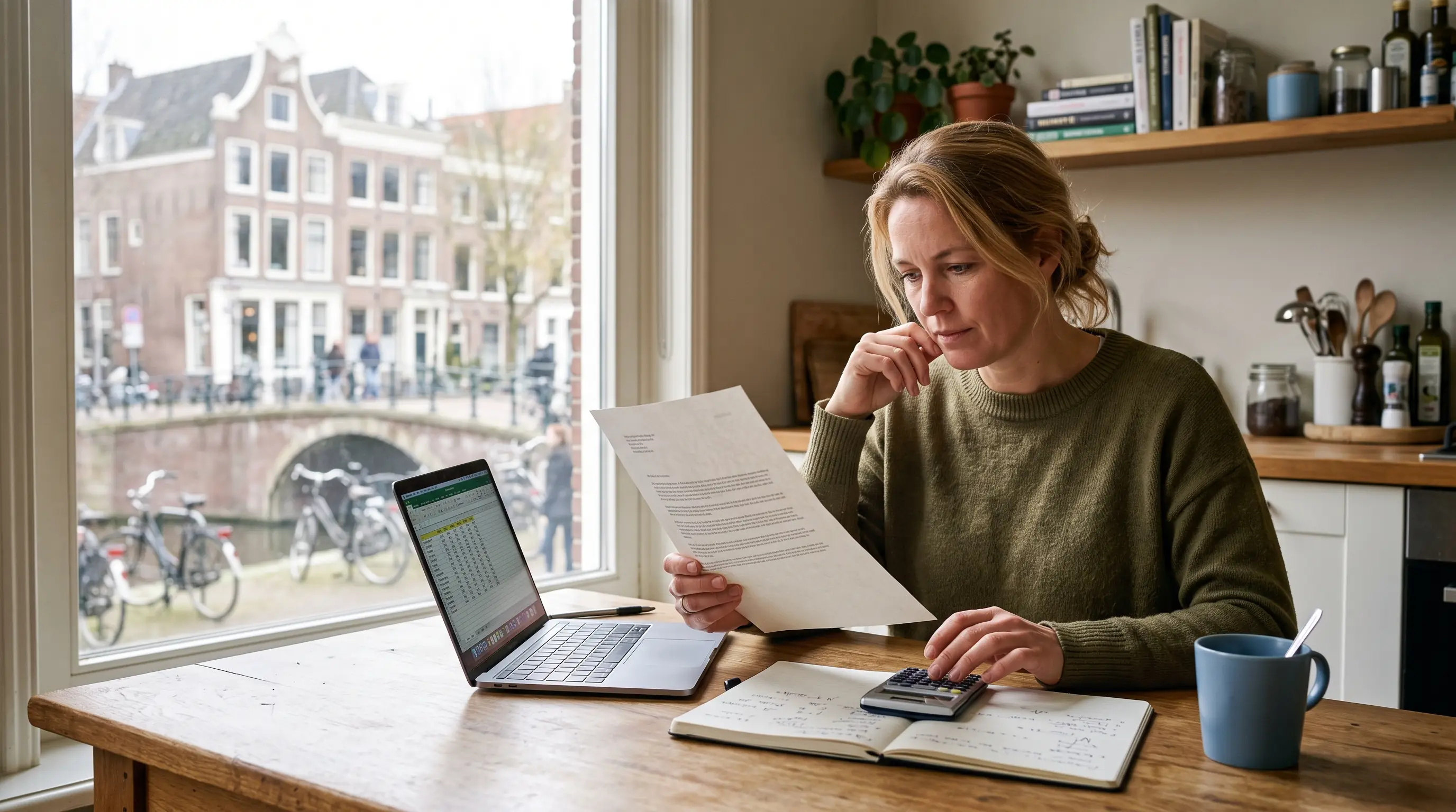 Werknemer berekent transitievergoeding met rekenmachine en ontslagbrief aan de keukentafel